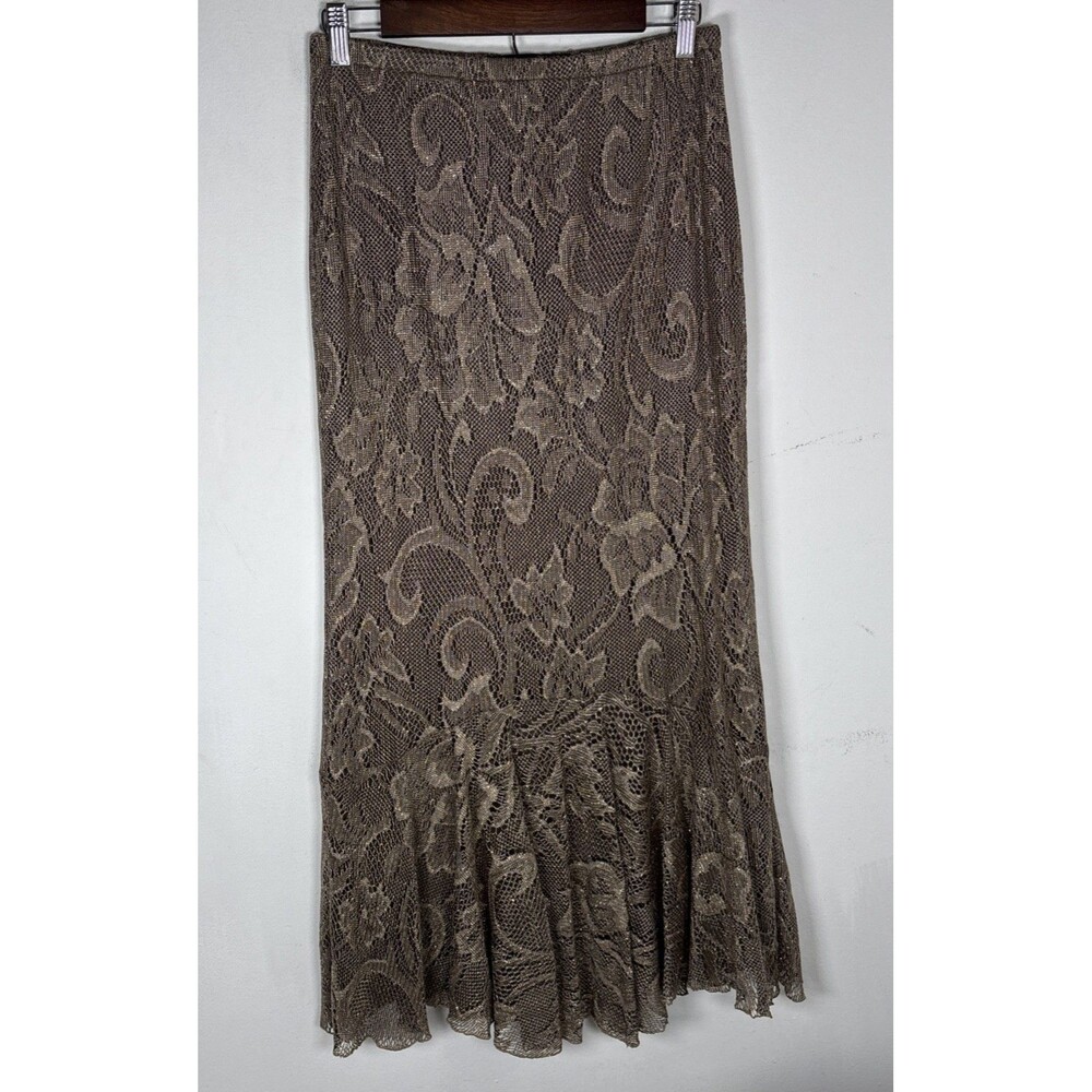 Spencer Alexis Lace Knit Midi Skirt Brown Paisley Ruffle Hem Boho Y2K crochet  S
